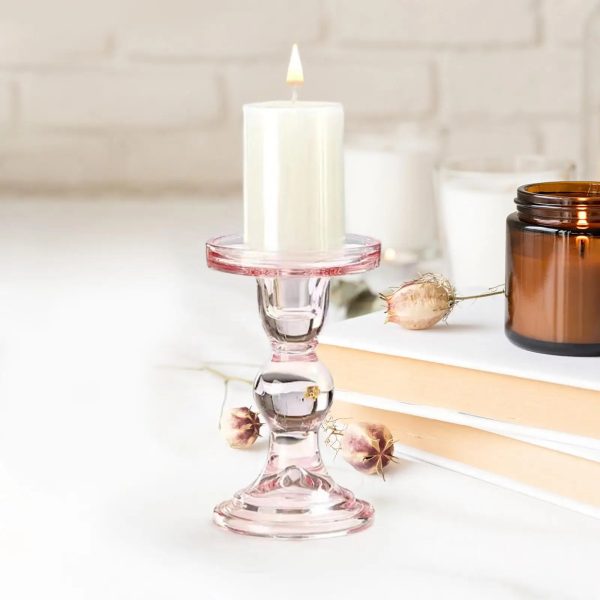Bougeoir en verre rose, style pilier élégant