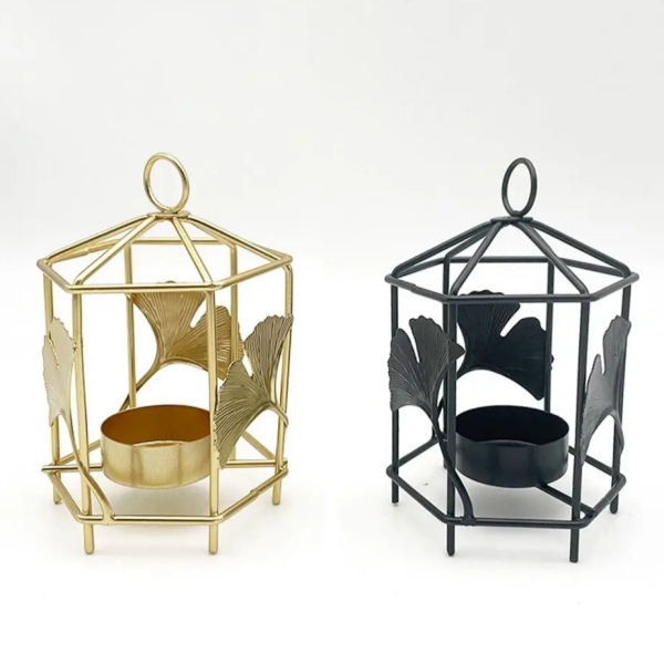 Photophore en métal doré avec motif Ginkgo stylisé