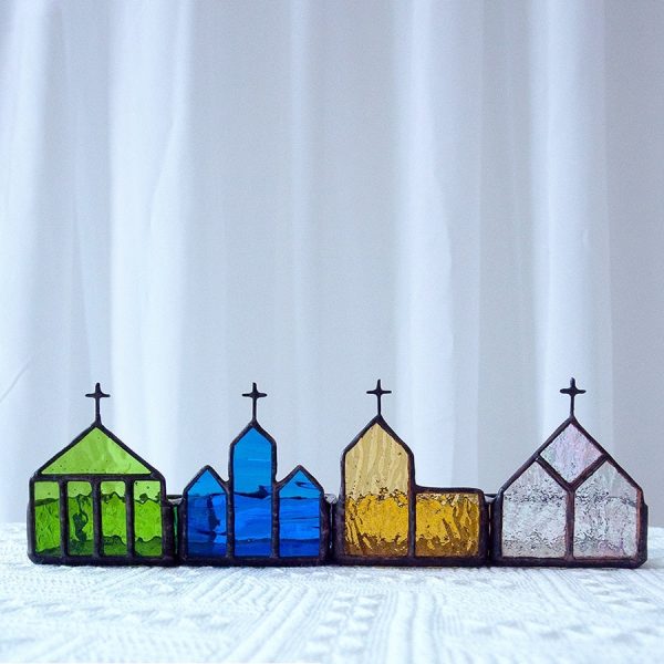 Photophore Eglise Vitrail Tiffany en verre coloré