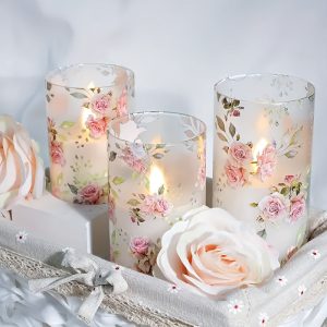 Photophore en verre avec roses Led, ensemble de 3 pièces