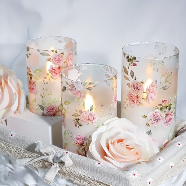 Photophore en verre avec roses Led, ensemble de 3 pièces